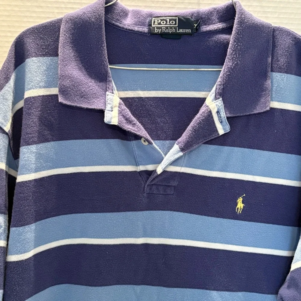 Vintage Polo Ralph Lauren Men's Polo with Navy and Light Blue Stripes